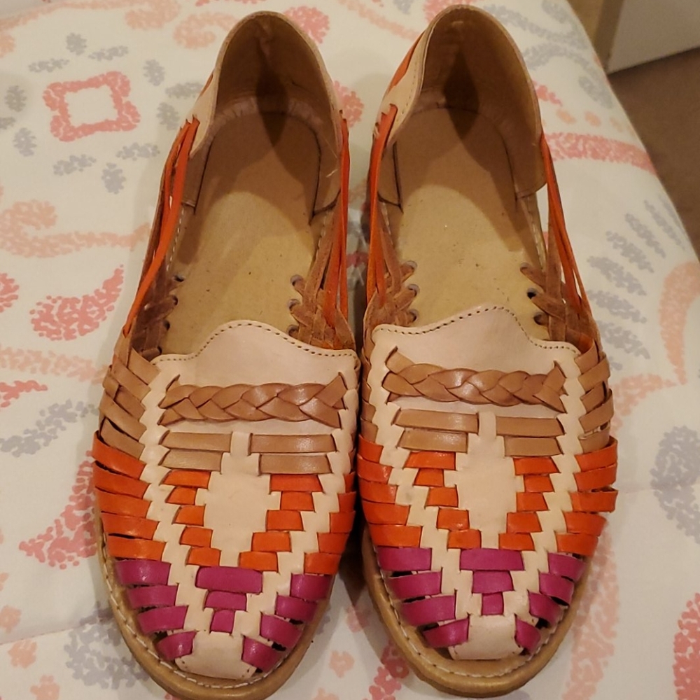 Woven Leather Huarache Sandals in Pink, Orange, Tan